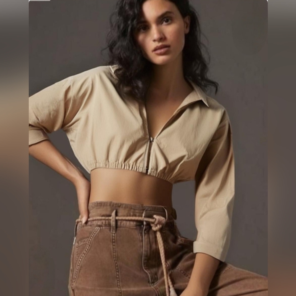 ZARA Tan Cropped Top Long Sleeved Shirt